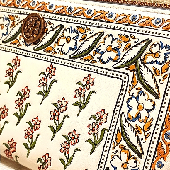 NWT ~Tory Burch Walker Printed Leather Slim Wallet Beige Flower Ditsy Border - Picture 6 of 16